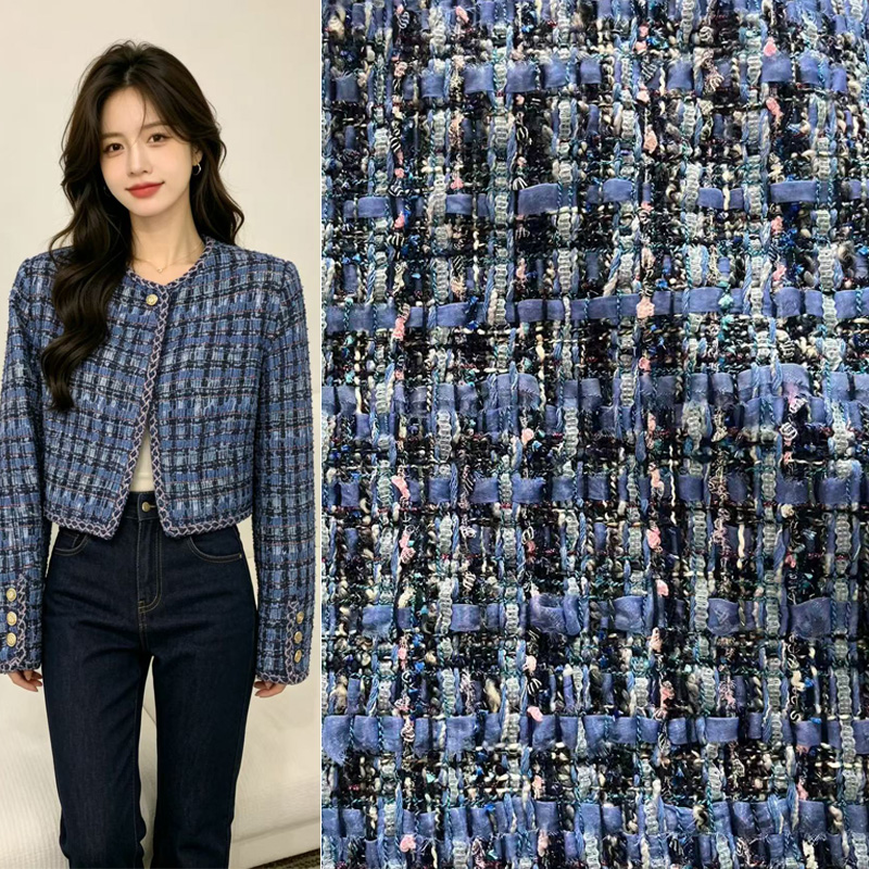 Sewing Tweed - Blauer, garngefärbter, hochwertiger Heavy-Industry-Tweed-Stoff für Damen-Herbstmäntel,