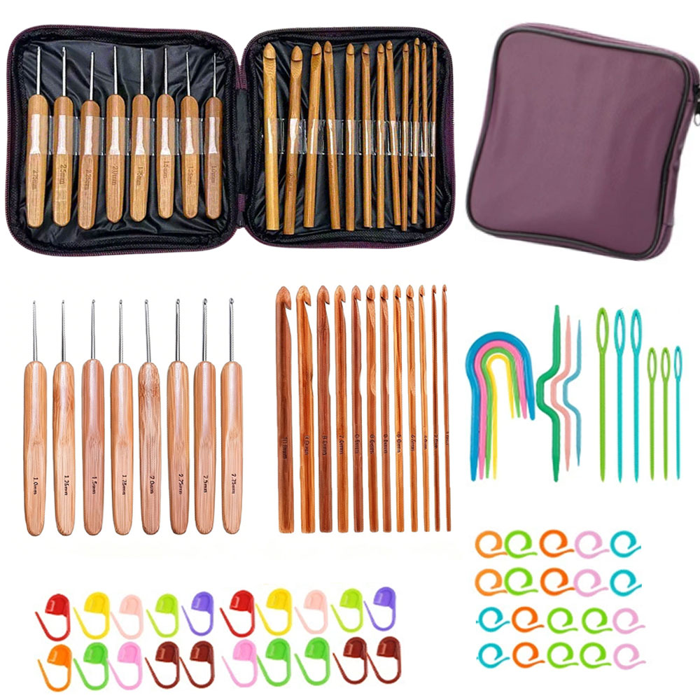 Sewing Necessities - 74-teiliges Bambus-Häkelnadel-Set Garn-Webwerkzeuge mit Tragbarer Aufbewahrungstasche